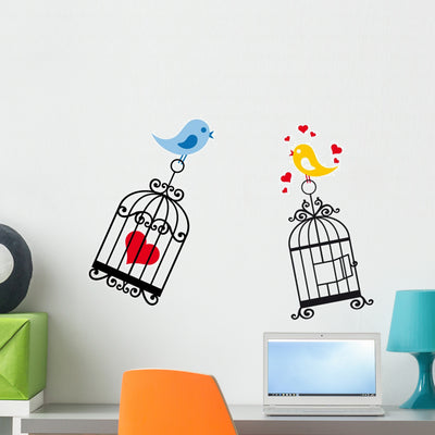Birds Love with Birdcage Wall Decal shown on a wall