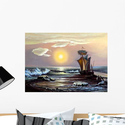 Sailing Boat against Coming Wall Decal Design 2 shown on a wall