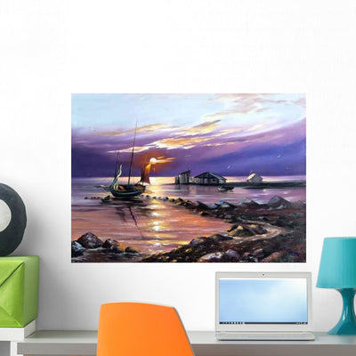 Sailing Boat against Coming Wall Decal Design 1 shown on a wall