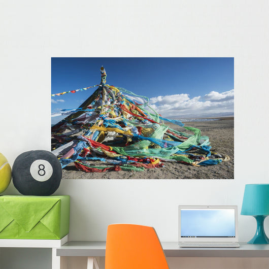 Colourful Tibetan prayer flags under the strong wind near Qinghai Lake Wall Mural