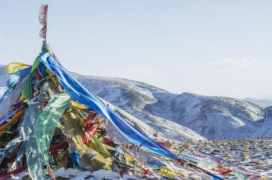 Snowy landscape with prayer flags on a high altitude mountain pass Wall Mural