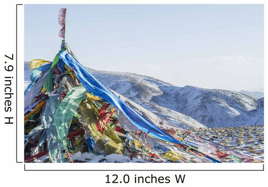 Snowy landscape with prayer flags on a high altitude mountain pass Wall Mural