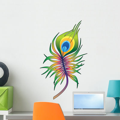 Vector Colorful Peacock Feather Wall Decal shown on a wall