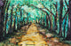 Watercolour painting of a path lined with trees Wall Mural