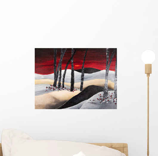 Painting of a dramatic landscape with red sky Wall Mural