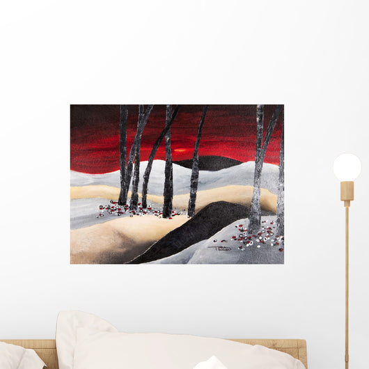 Painting of a dramatic landscape with red sky Wall Mural