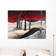 Painting of a dramatic landscape with red sky Wall Mural