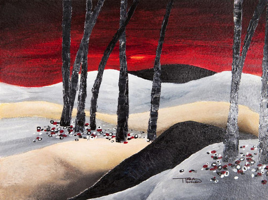 Painting of a dramatic landscape with red sky Wall Mural