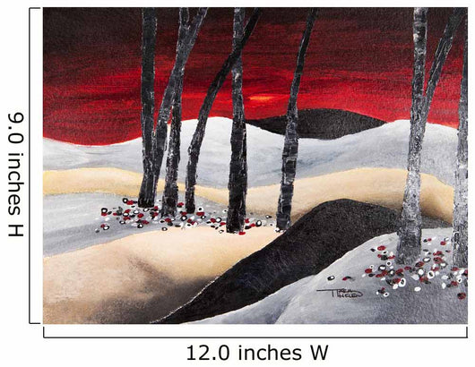 Painting of a dramatic landscape with red sky Wall Mural