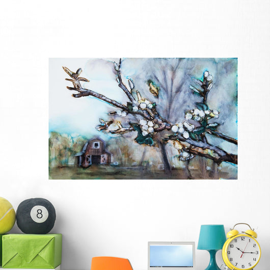 Watercolor painting of a barn scene Wall Mural