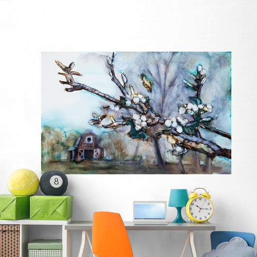 Watercolor painting of a barn scene Wall Mural