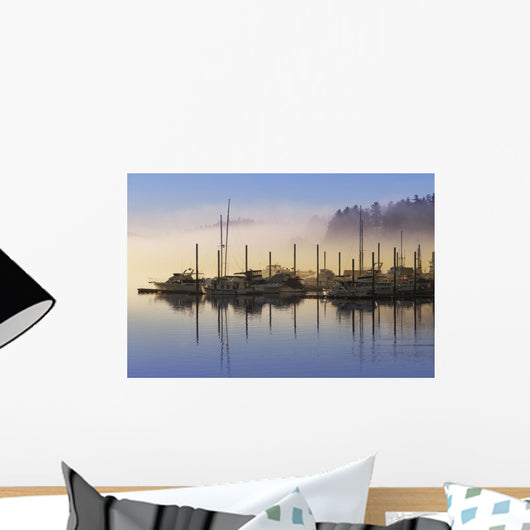 Fog lifting over Auke Bay Harbor, Juneau, Southeast Alaska Wall Mural
