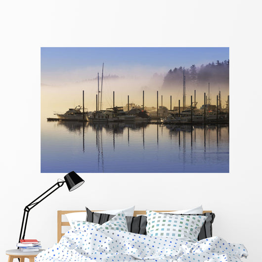 Fog lifting over Auke Bay Harbor, Juneau, Southeast Alaska Wall Mural