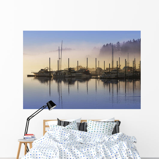 Fog lifting over Auke Bay Harbor, Juneau, Southeast Alaska Wall Mural