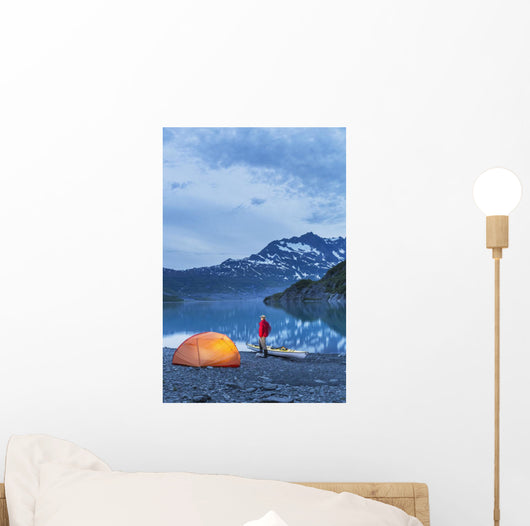 Man camping with a tent and kayak at Shoup Bay State Marine Park Wall Mural