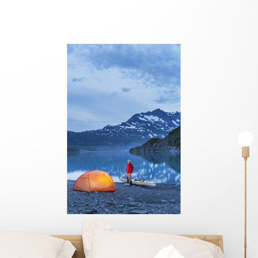 Man camping with a tent and kayak at Shoup Bay State Marine Park Wall Mural