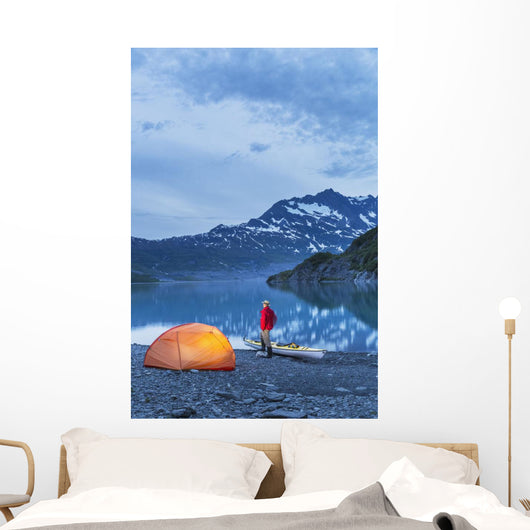 Man camping with a tent and kayak at Shoup Bay State Marine Park Wall Mural