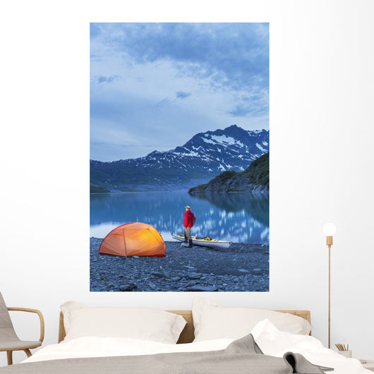 Man camping with a tent and kayak at Shoup Bay State Marine Park Wall Mural
