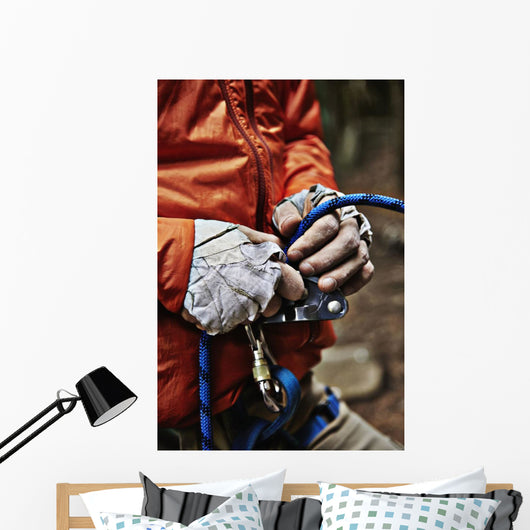 Man adjusting rock climbing equipment in the Adirondacks Wall Mural