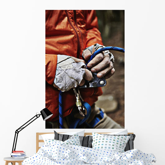 Man adjusting rock climbing equipment in the Adirondacks Wall Mural