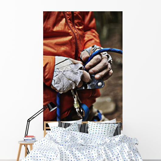 Man adjusting rock climbing equipment in the Adirondacks Wall Mural