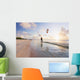 Kiteboarding in tropical lagoon in the South Pacific at sunset Wall Mural