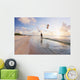 Kiteboarding in tropical lagoon in the South Pacific at sunset Wall Mural