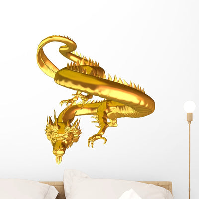 Golden Chinese Dragon Wall Decal shown on a wall