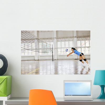 Girls Playing Volleyball Indoor Wall Mural shown on a wall