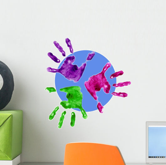 finger painted hands with blue circle behind Wall Decal