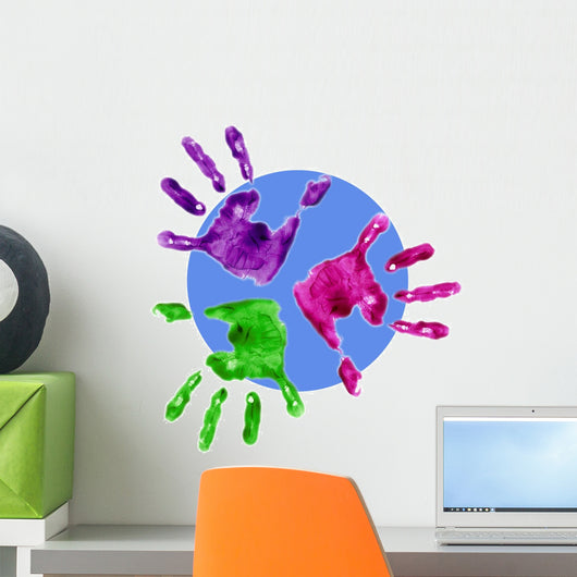 finger painted hands with blue circle behind Wall Decal