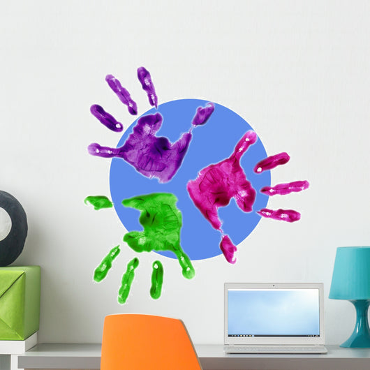 finger painted hands with blue circle behind Wall Decal