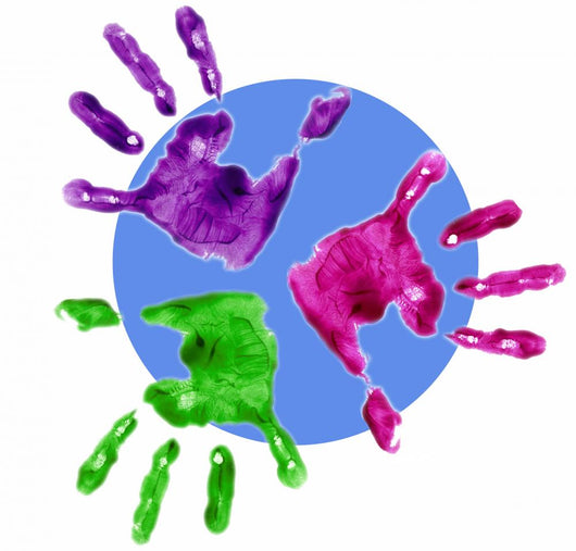 finger painted hands with blue circle behind Wall Decal