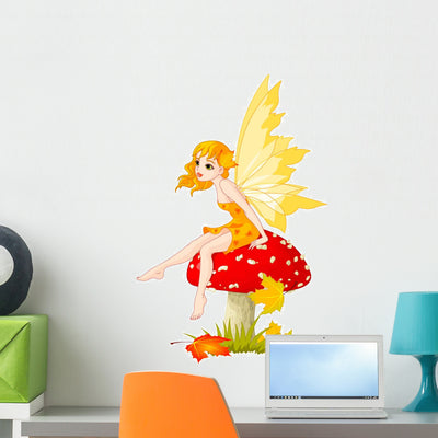 Autumn Mushroom Fairy Wall Decal shown on a wall