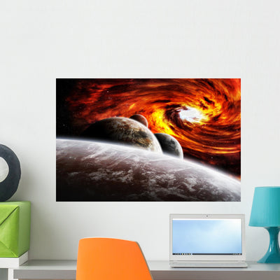Fantasy Space Planets Illustration Wall Mural shown on a wall