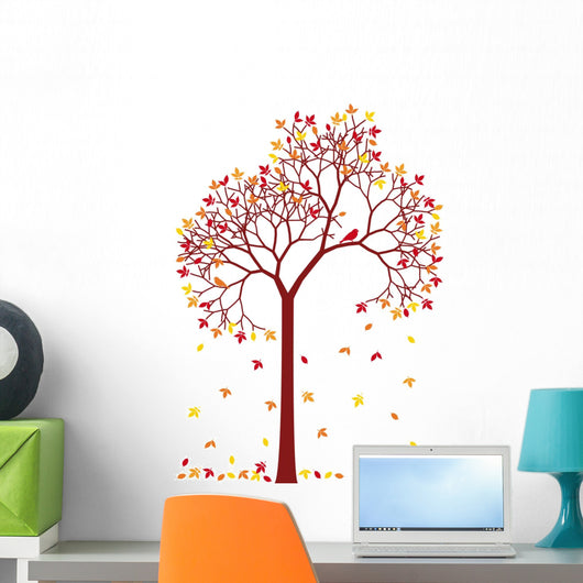 colorful autumn tree with falling leaves, vector Wall Decal