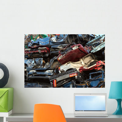 Pile Used Cars Wall Decal shown on a wall