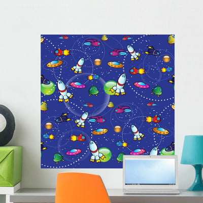Seamless Pattern Spaceships Wall Decal shown on a wall