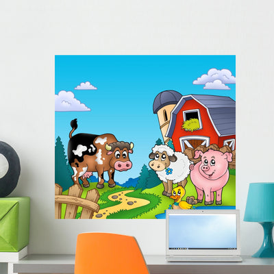 Red Barn with Farm Wall Mural shown on a wall