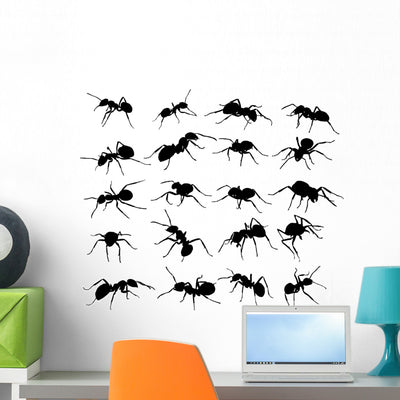 Twenty Ant Silhouettes shown on a wall