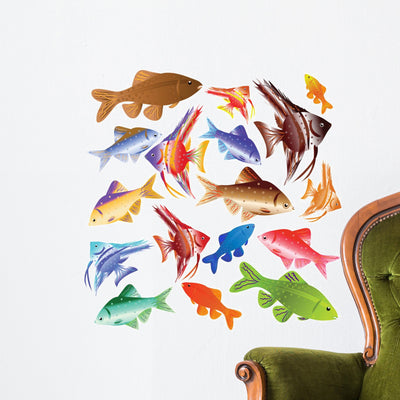 17 Different Aquarium Fish Wall Stickers shown on a wall