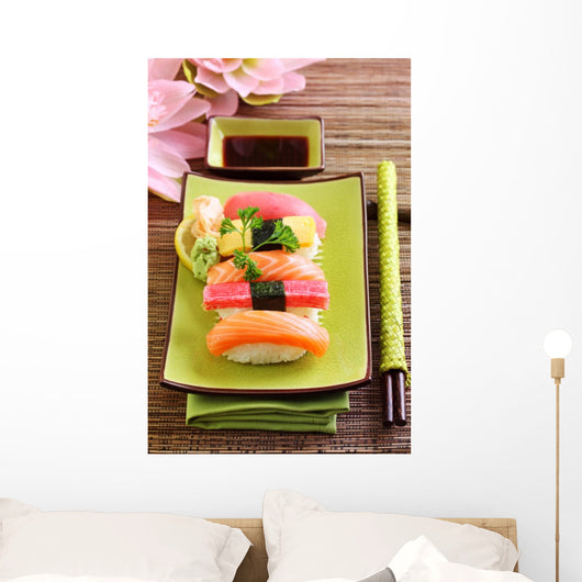 Japan traditional food sushi on green plate Wall Mural
