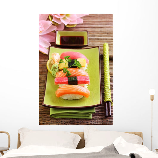 Japan traditional food sushi on green plate Wall Mural