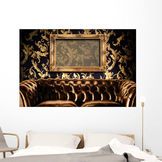 Brown Leather Couch With Empty Frame Wall Mural