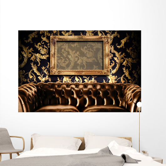 Brown Leather Couch With Empty Frame Wall Mural