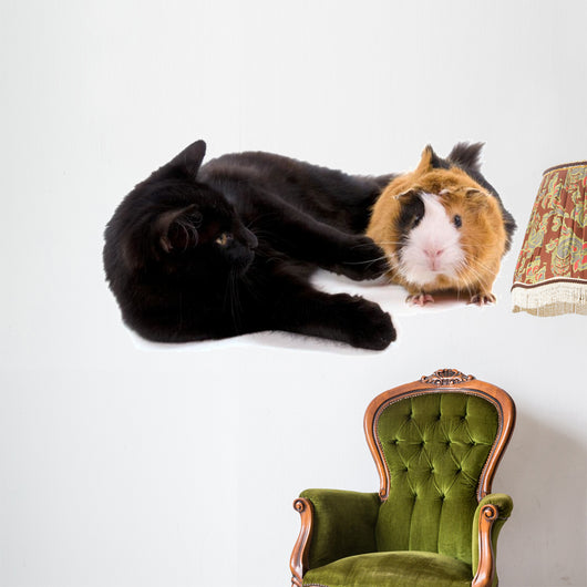 chat noir qui joue avec un jeune cobaye Wall Decal