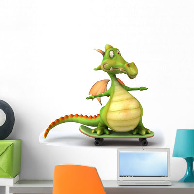 Green Dragon Riding Skateboard Wall Decal shown on a wall