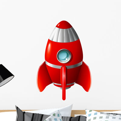 Red Space Rocket Wall Decal shown on a wall