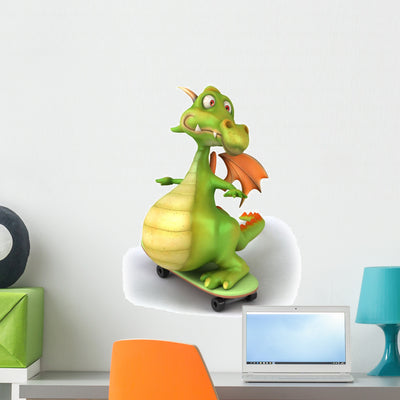 Green Dragon and Skateboard Wall Decal shown on a wall