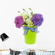 purple white flower bouquet in green vase with ribbon isolated w Wall Decal